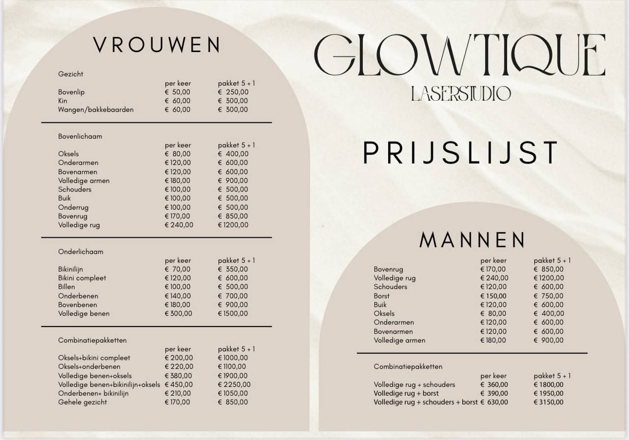 Prijslijst Glowtique